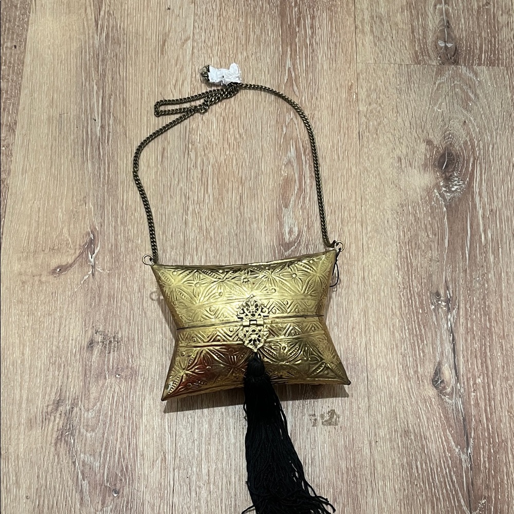 Zara Gold Embossed Women Bag with Black Tassel